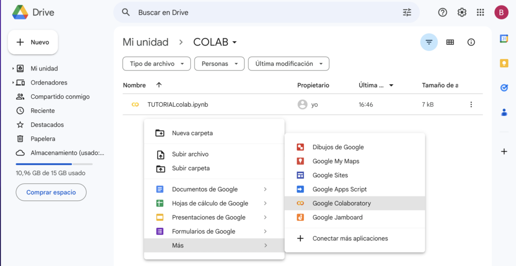 Figure 1. Colab is integrated in google drive. You can save/access/create/edit/upload/download/share colab notebooks with .ipynb format with google drive as you can do it with any other document. TUTORIALcolab is an example of a colab notebook.